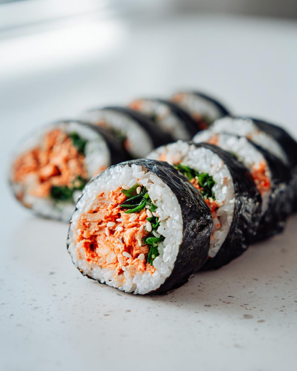 A row of freshly cut tuna kimbap slices showing the vibrant orange tuna filling and green vegetables inside the seaweed wrap.