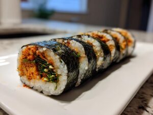 A row of freshly sliced tuna kimbap rolls featuring seasoned tuna and green vegetables wrapped in seaweed and rice.