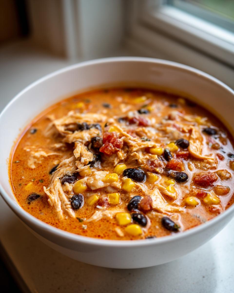 Close-up of a white bowl filled with creamy, orange slow cooker buffalo chicken chili, featuring shredded chicken, black beans, and corn.