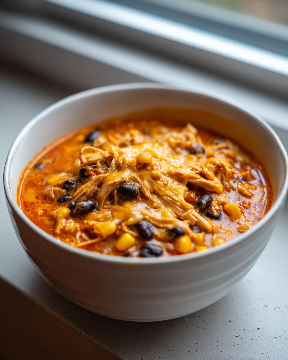 A close-up of a white bowl filled with rich, orange slow cooker buffalo chicken chili, topped with melted cheese, black beans, and corn.