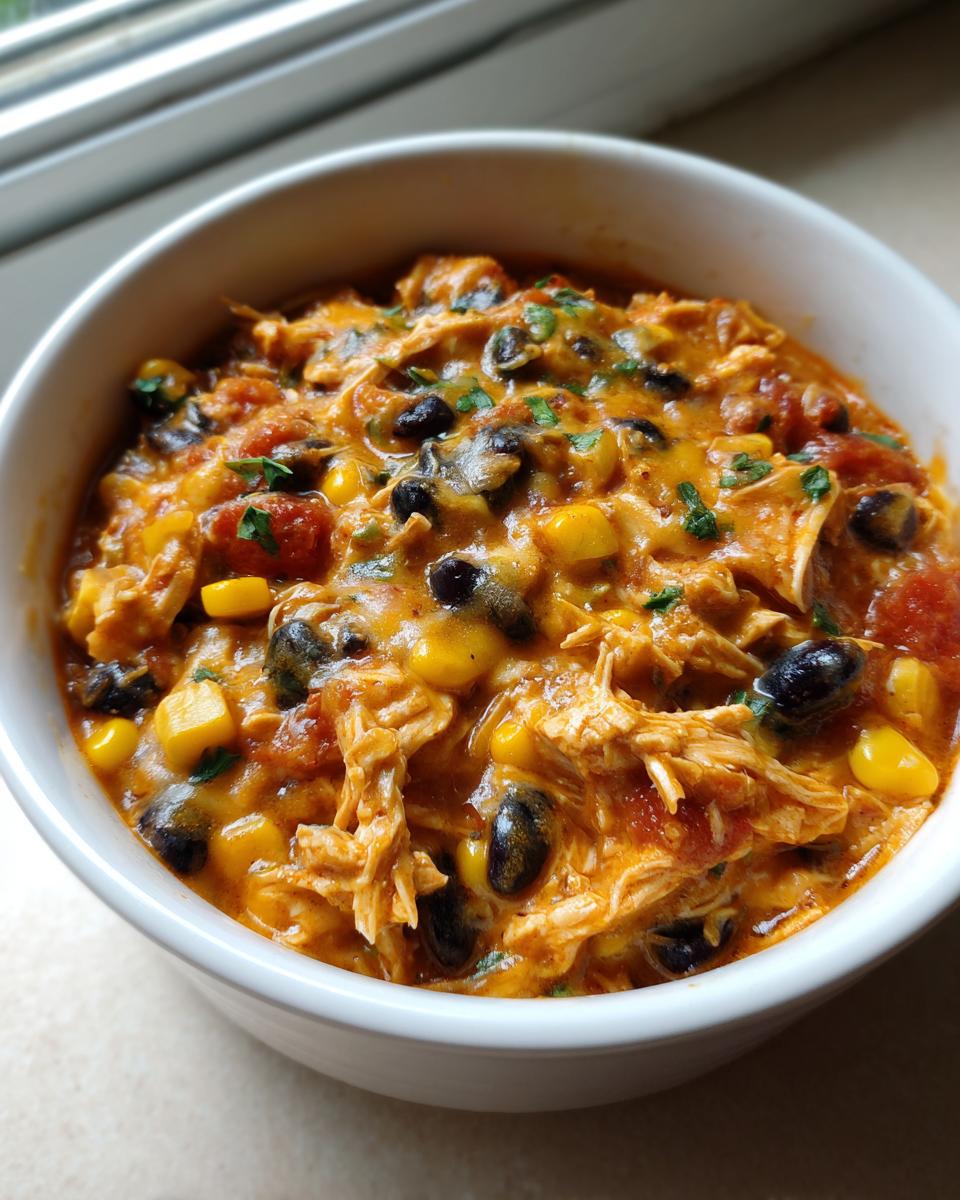 Close-up of a white bowl filled with creamy slow cooker buffalo chicken chili, featuring shredded chicken, black beans, corn, and melted cheese.