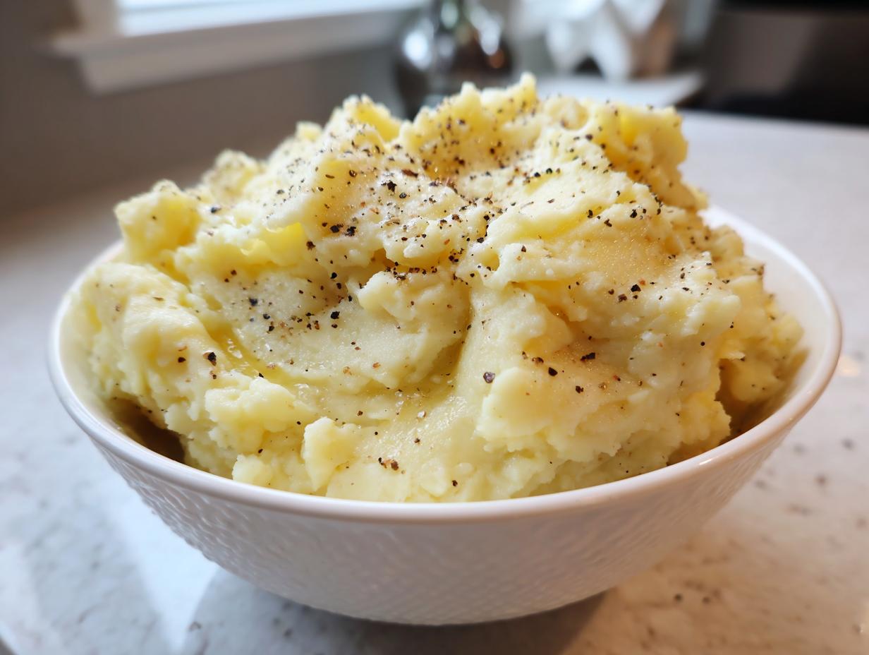 A white bowl overflowing with creamy slow cooker mashed potatoes, topped generously with cracked black pepper.