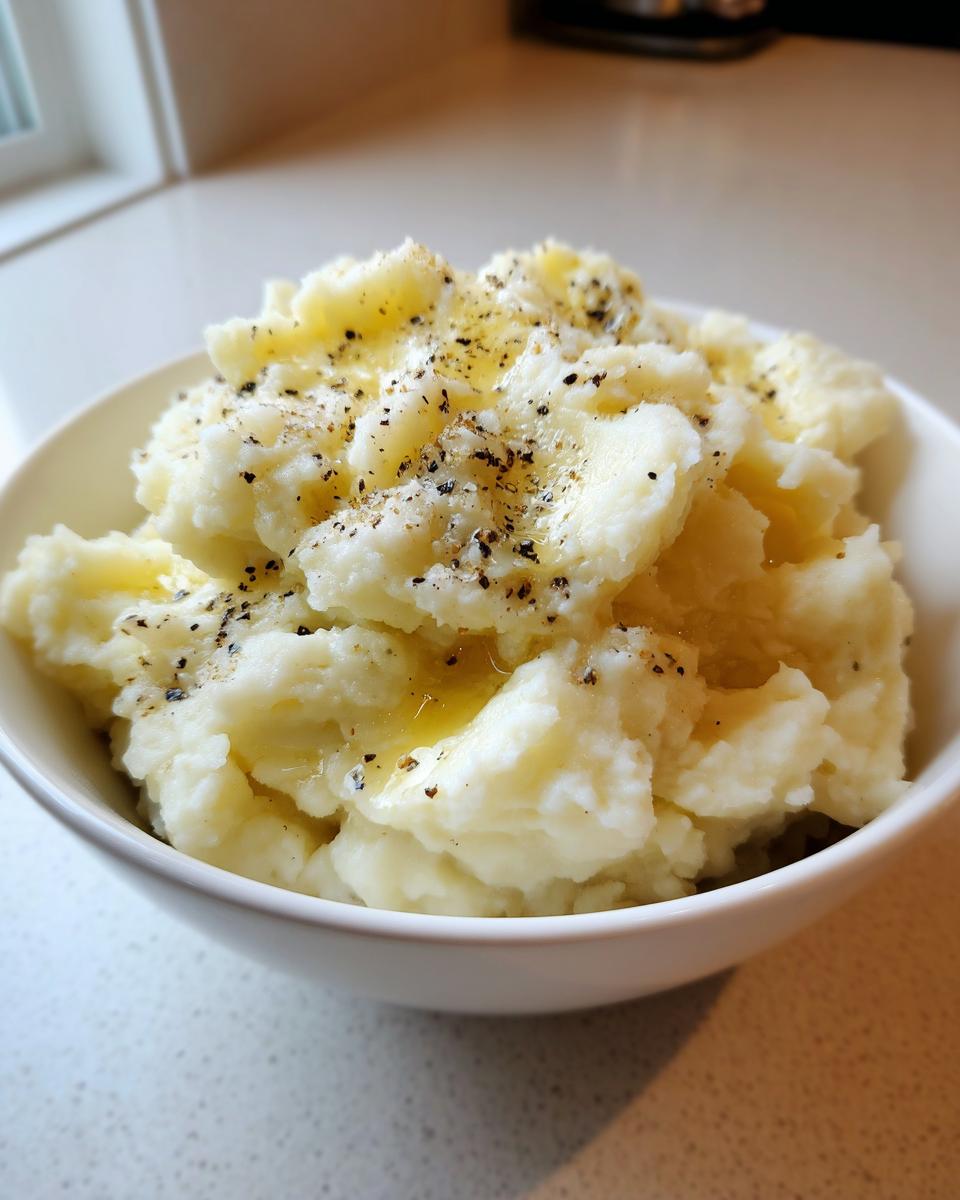 A white bowl filled with fluffy slow cooker mashed potatoes topped with melted butter and cracked black pepper.