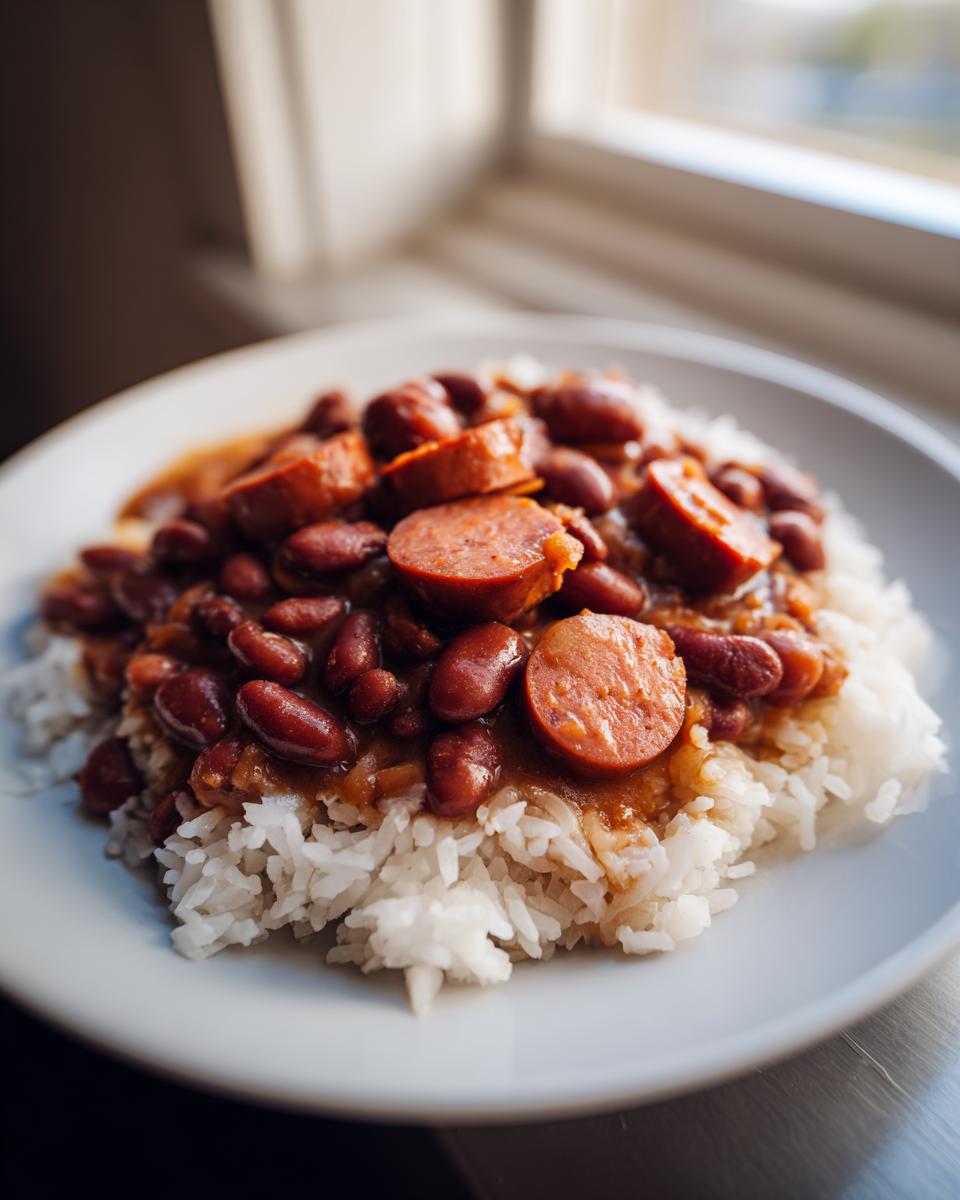 A close-up of a plate featuring slow cooker red beans and rice topped generously with sliced smoked sausage.