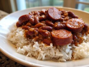 Close-up of a white plate featuring slow cooker red beans and rice topped with thick slices of smoked sausage.