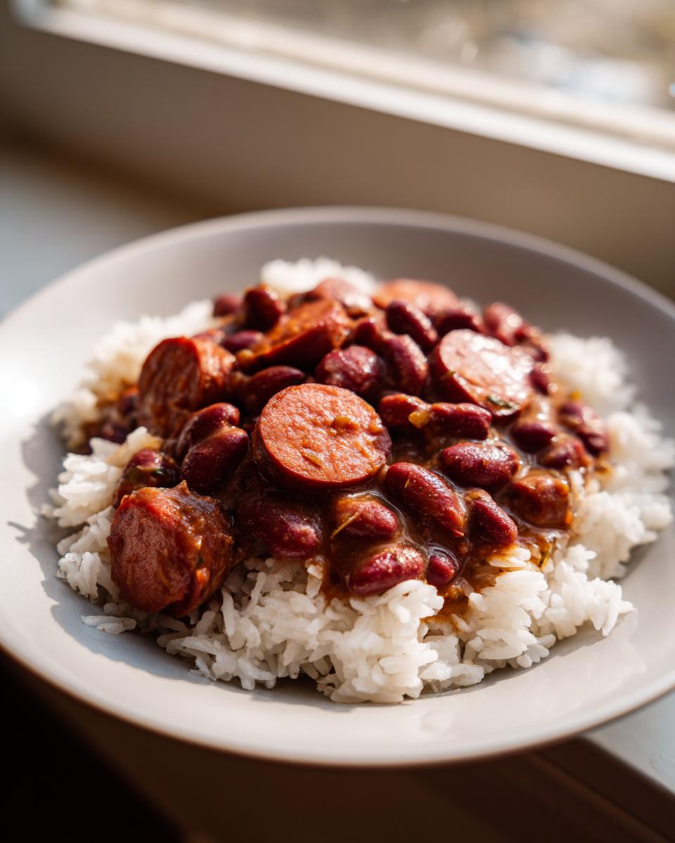 A close-up of a bowl of slow cooker red beans and rice topped with sliced smoked sausage, served on white rice.