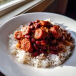 A close-up of a white bowl filled with white rice topped generously with slow cooker red beans and rice and sliced smoked sausage.
