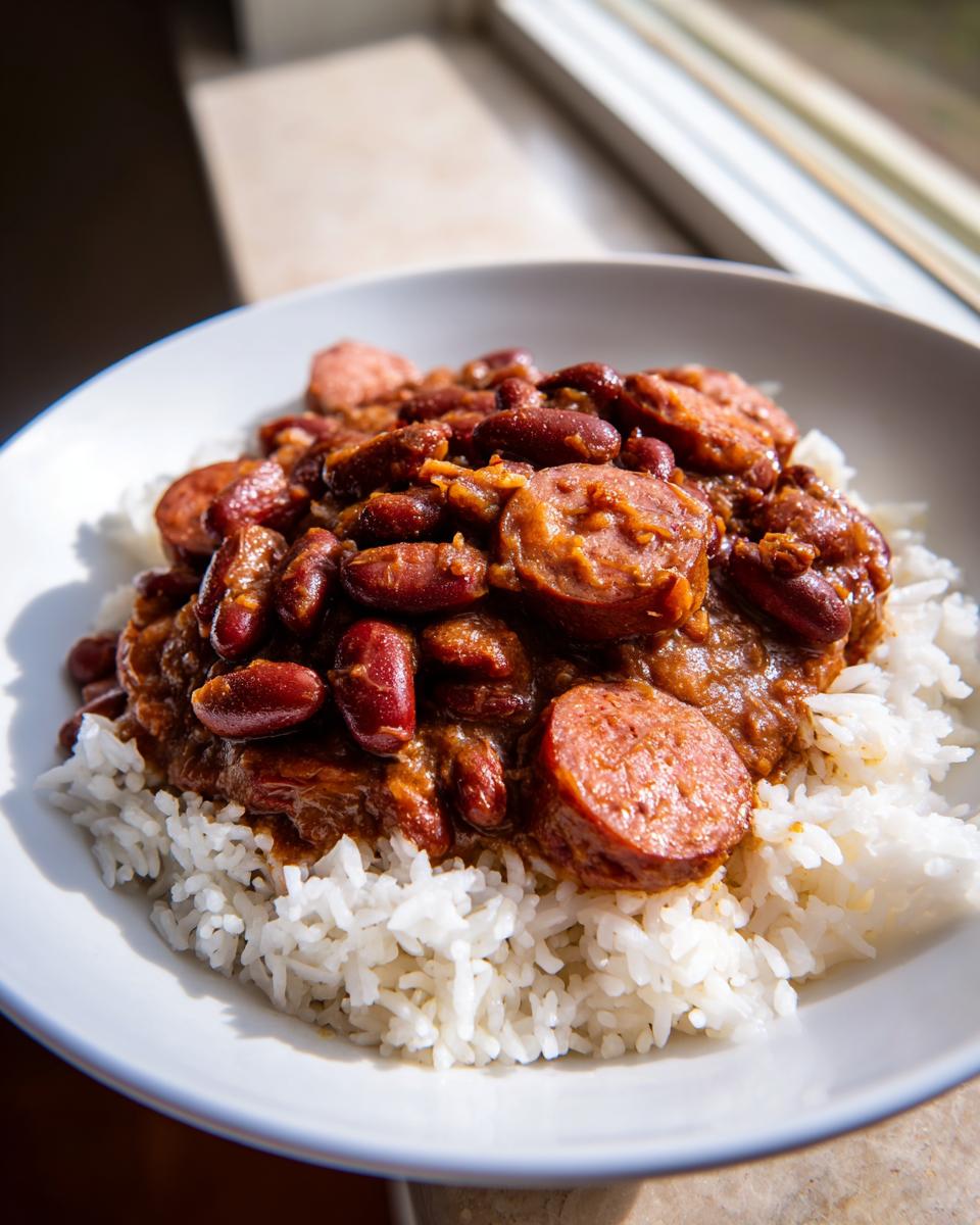 A close-up of a white bowl filled with fluffy white rice topped generously with slow cooker red beans and rice and sliced smoked sausage.