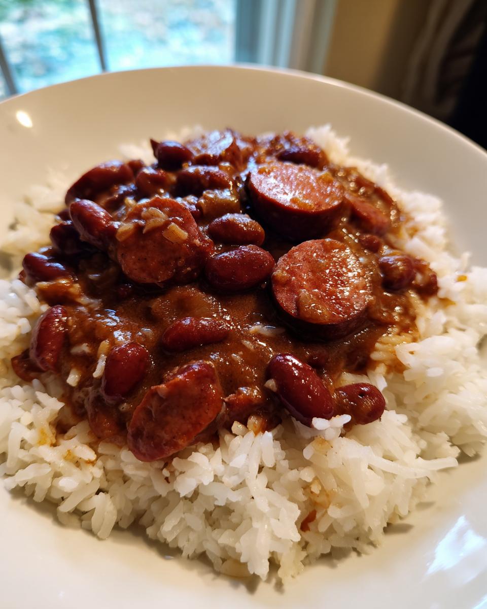 A close-up of a white bowl filled with fluffy white rice topped generously with slow cooker red beans and rice and sliced andouille sausage.