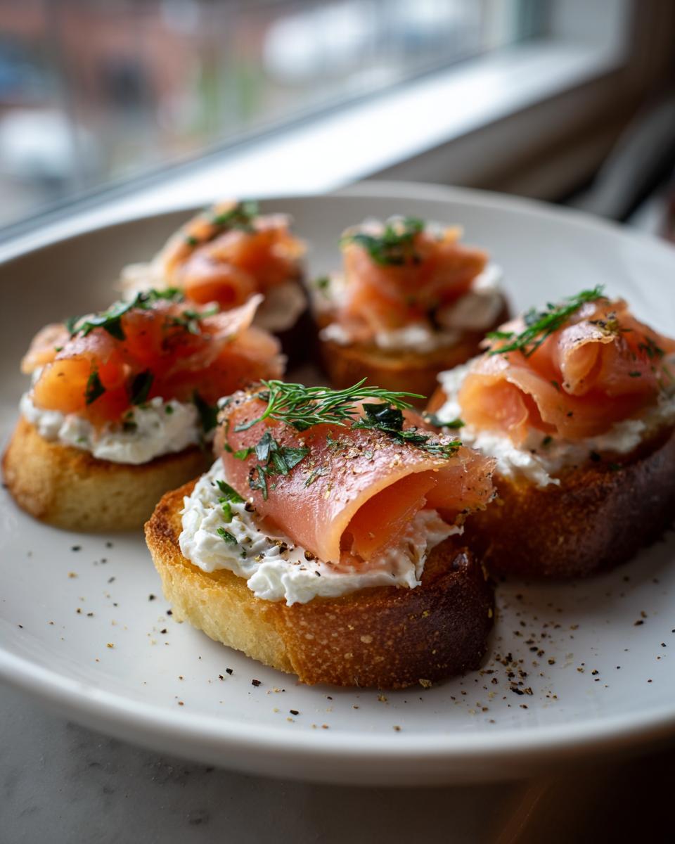 Five slices of toasted bread topped with cream cheese and rolled smoked salmon, garnished with herbs.