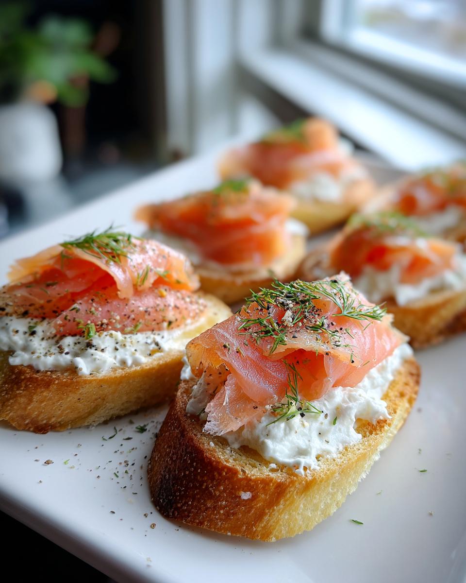 Close-up of delicious smoked salmon bites served on toasted bread with cream cheese and fresh dill.