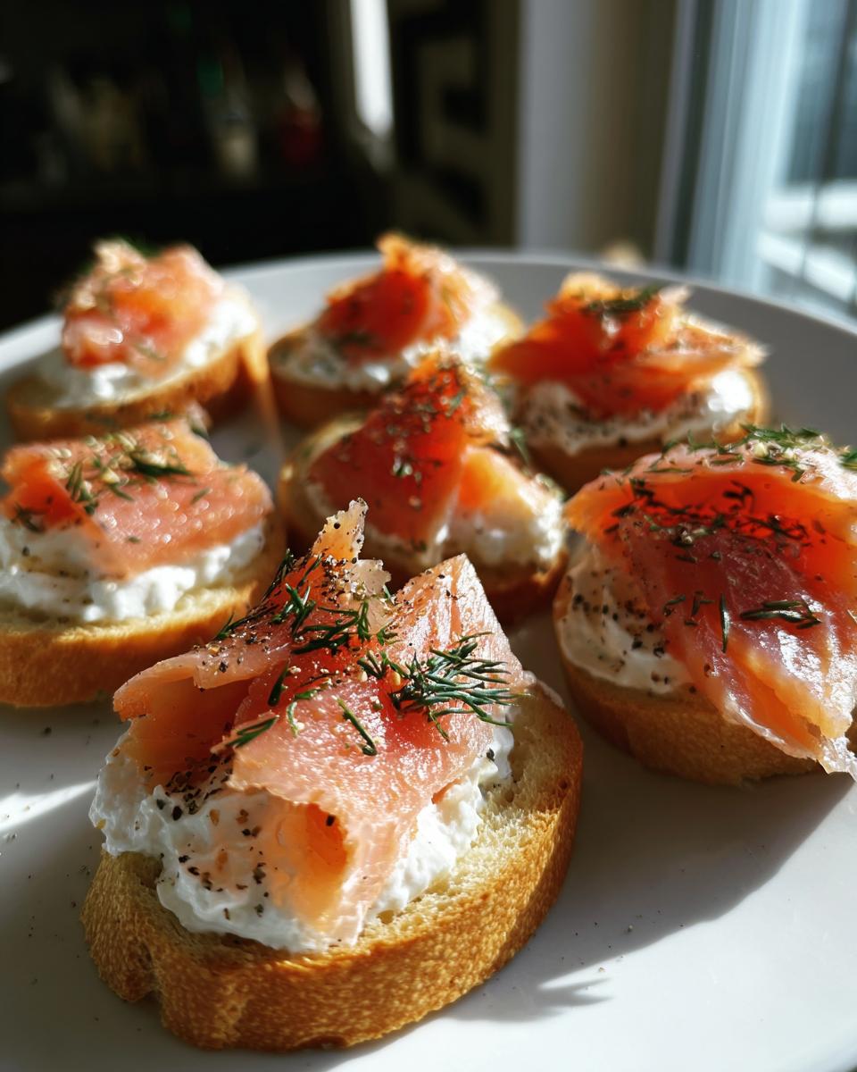 Close-up of several smoked salmon bites served on toasted bread with cream cheese and fresh dill.