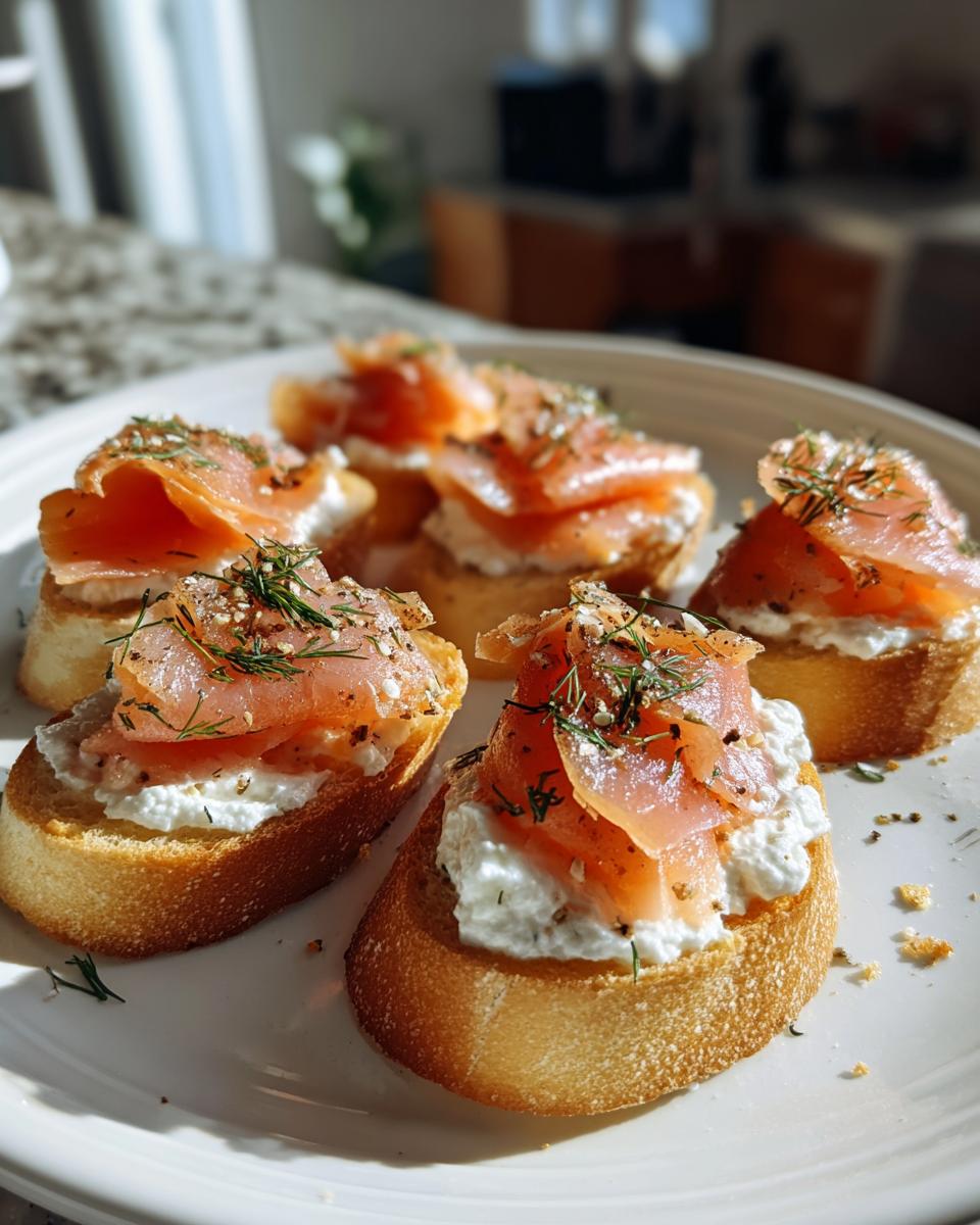 Close-up of five smoked salmon bites served on toasted bread with cream cheese and dill.