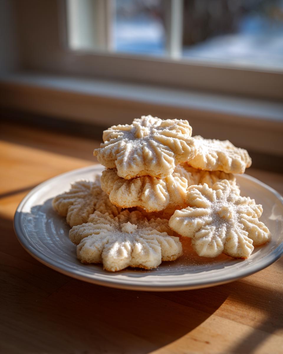 A stack of freshly baked, snowflake-shaped butter cookies lightly dusted with powdered sugar on a plate.