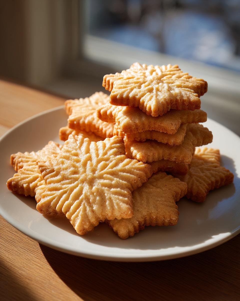 A stack of golden, snowflake-shaped butter cookies resting on a white plate near a window.