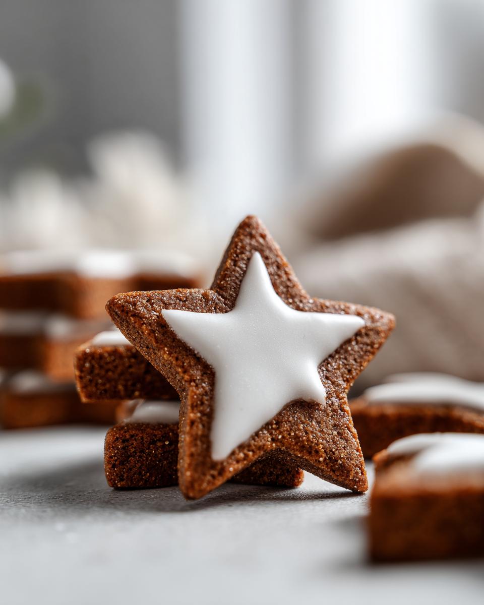 Close-up of a star-shaped soft gingerbread cookie topped with white royal icing, stacked with other cookies.