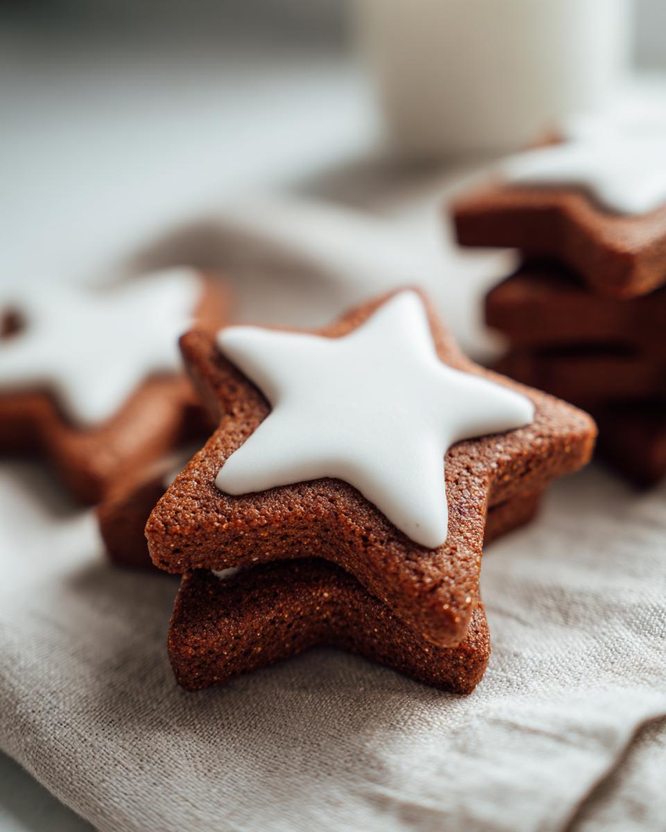 Close-up of stacked, star-shaped soft gingerbread cookies topped with smooth white royal icing.