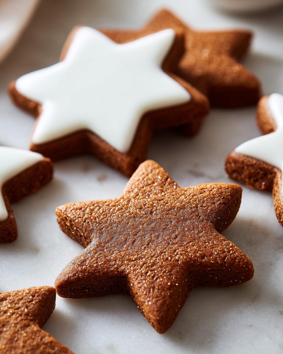 Close-up of star-shaped soft gingerbread cookies, some dusted with sugar and others topped with white royal icing.