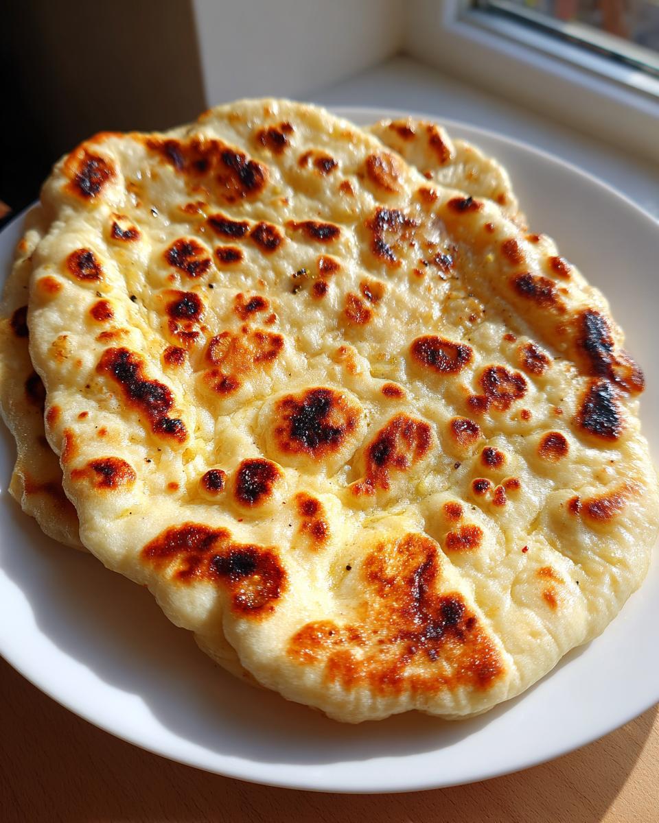 Close-up of freshly cooked, soft homemade naan bread stacked on a white plate, showing golden color and dark charred bubbles.