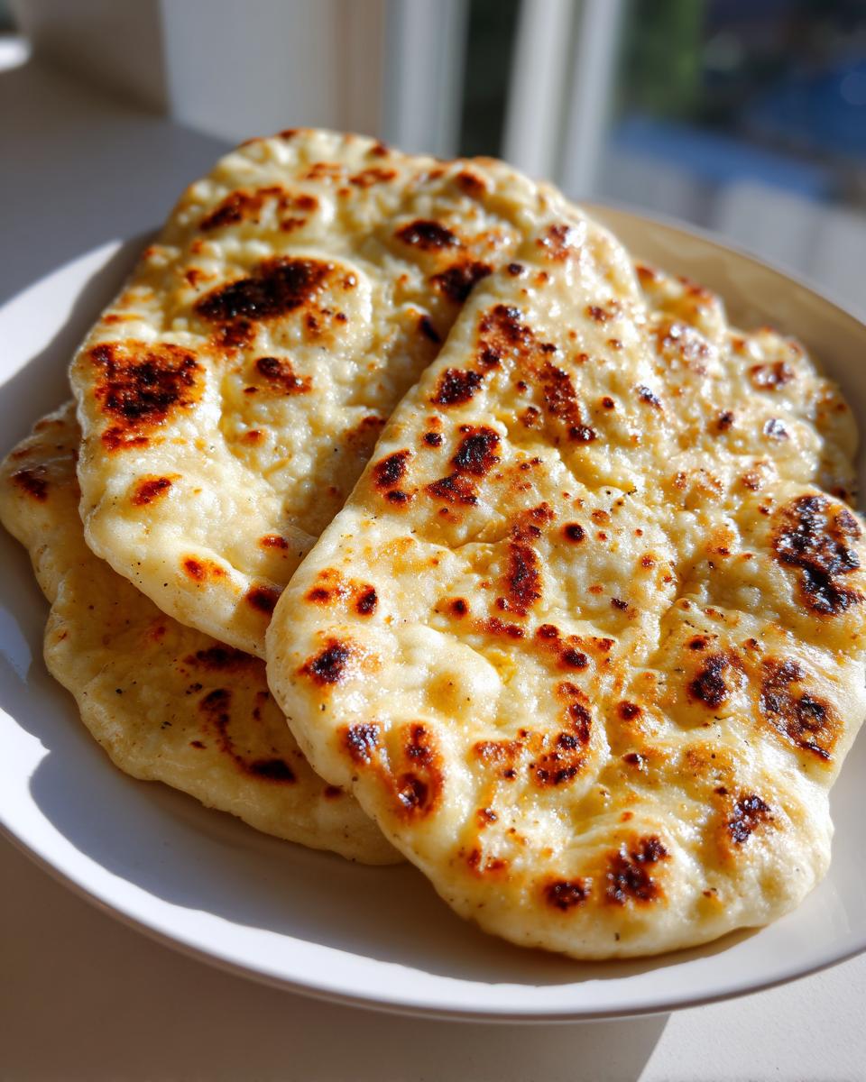Close-up of three pieces of soft homemade naan bread stacked on a white plate, showing golden color and dark charred bubbles.