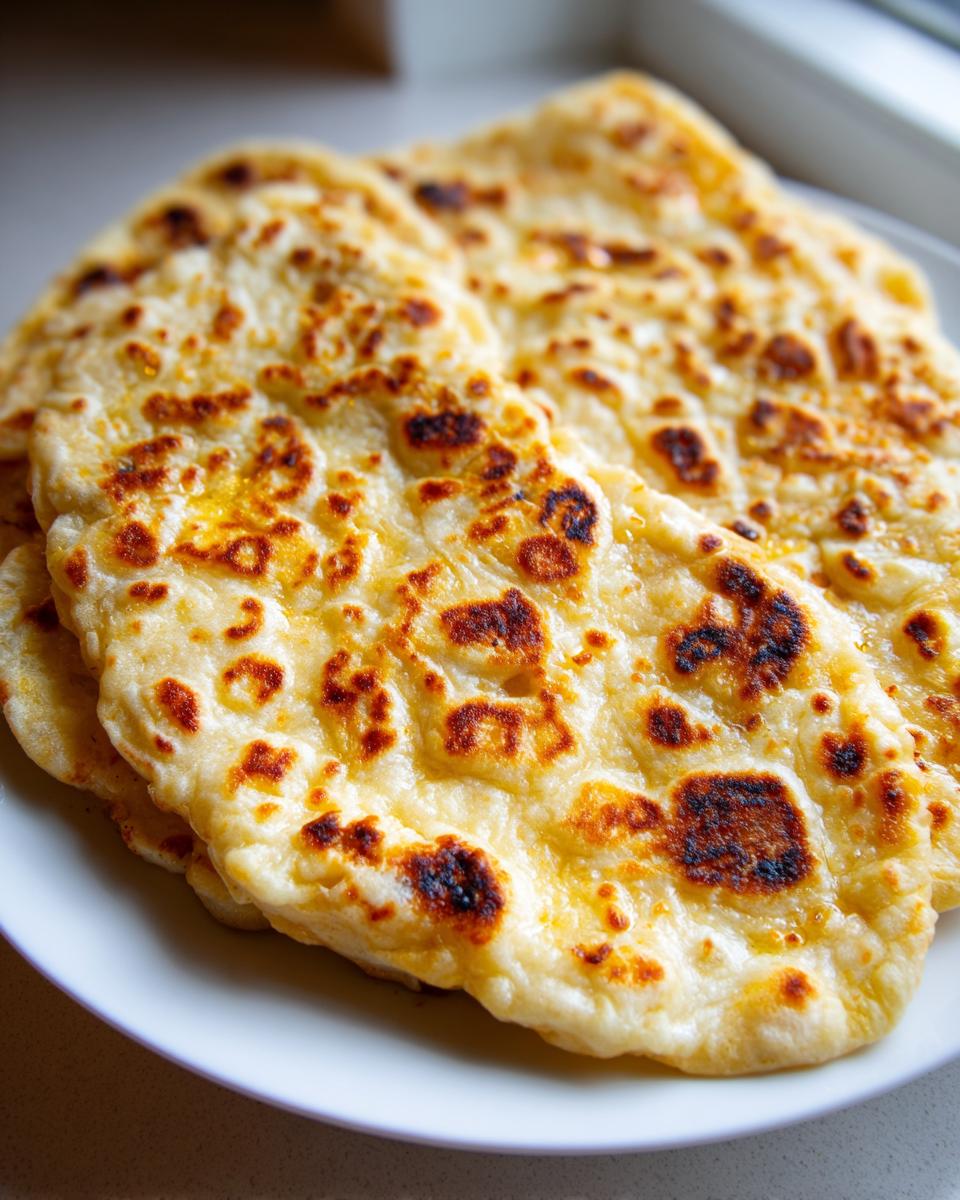 Close-up of two pieces of freshly cooked, soft homemade naan bread with golden-brown charred spots, stacked on a white plate.