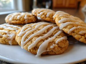 Close-up of soft maple brown sugar cookies drizzled with a white glaze, stacked on a white plate.