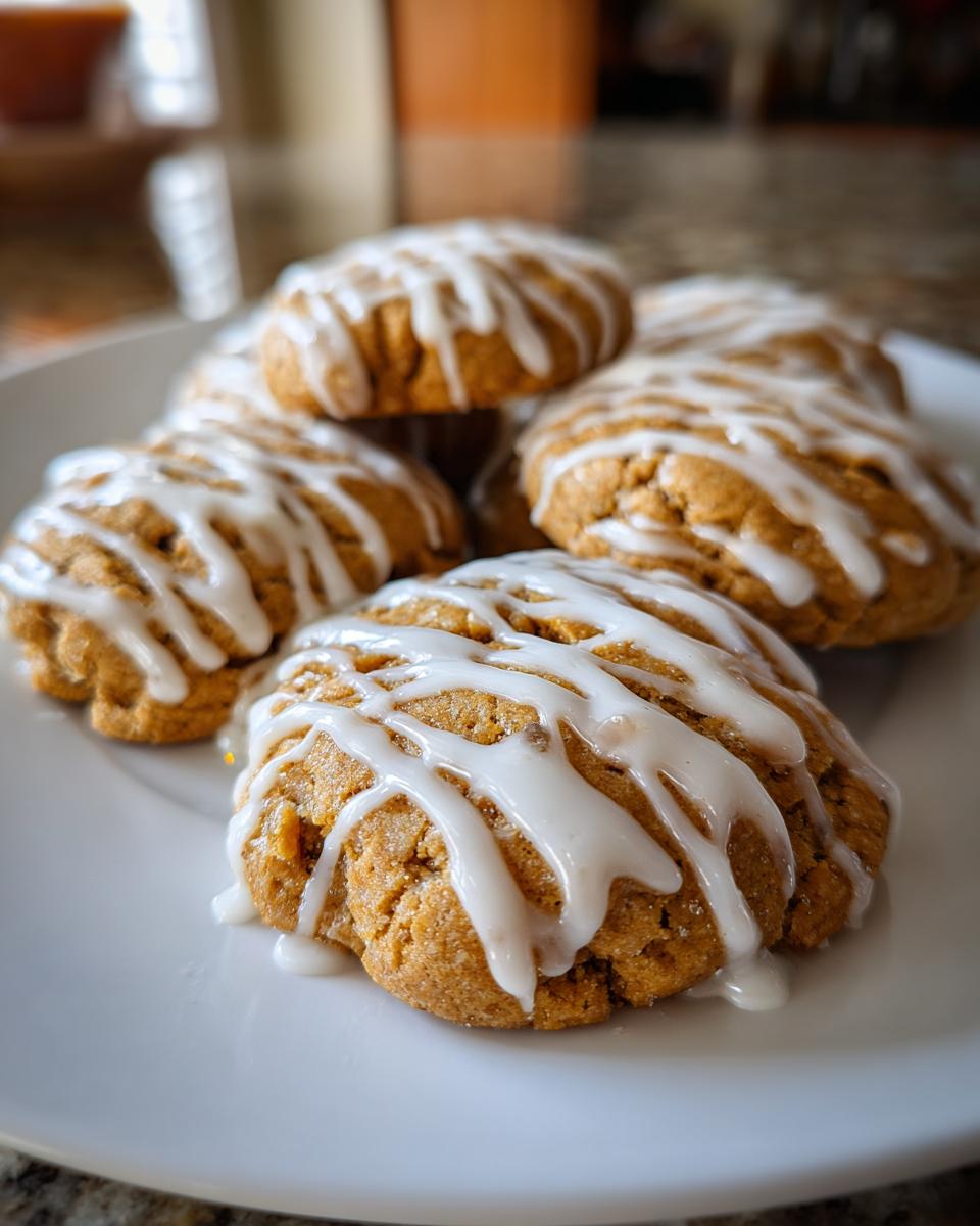Close-up of several soft maple brown sugar cookies drizzled generously with white vanilla glaze on a white plate.