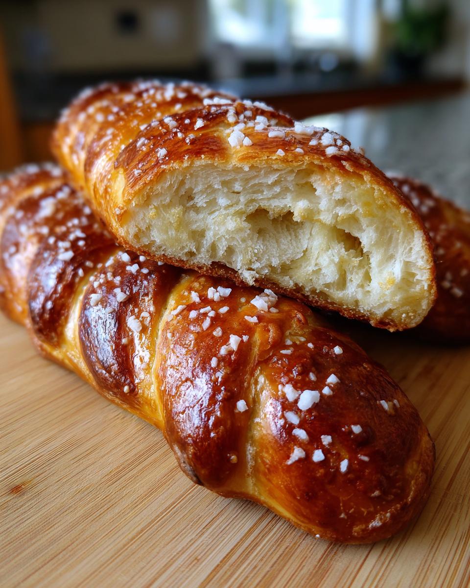 Close-up of shiny, golden-brown pretzel dough, cut open to show soft interior, sprinkled with coarse salt, perfect for pretzel dogs.