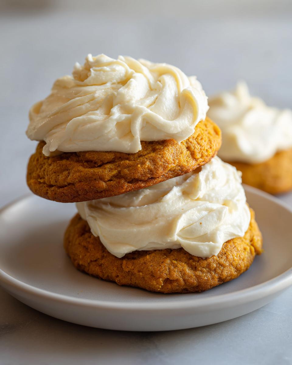 Two soft pumpkin cookie halves stacked and filled generously with thick cream cheese frosting.