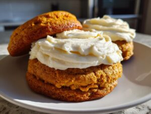 Close-up of a soft pumpkin cookie sandwich filled generously with thick cream cheese frosting.