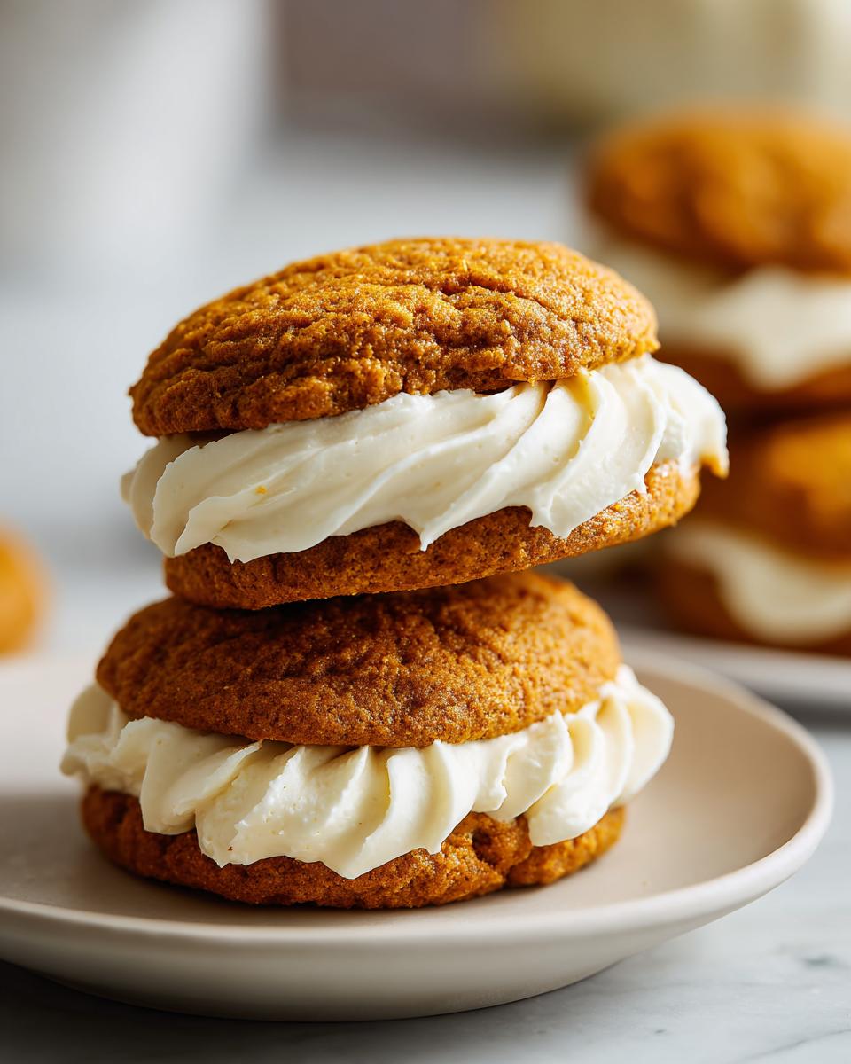 Two stacked soft pumpkin cookie sandwiches filled generously with white cream cheese frosting.
