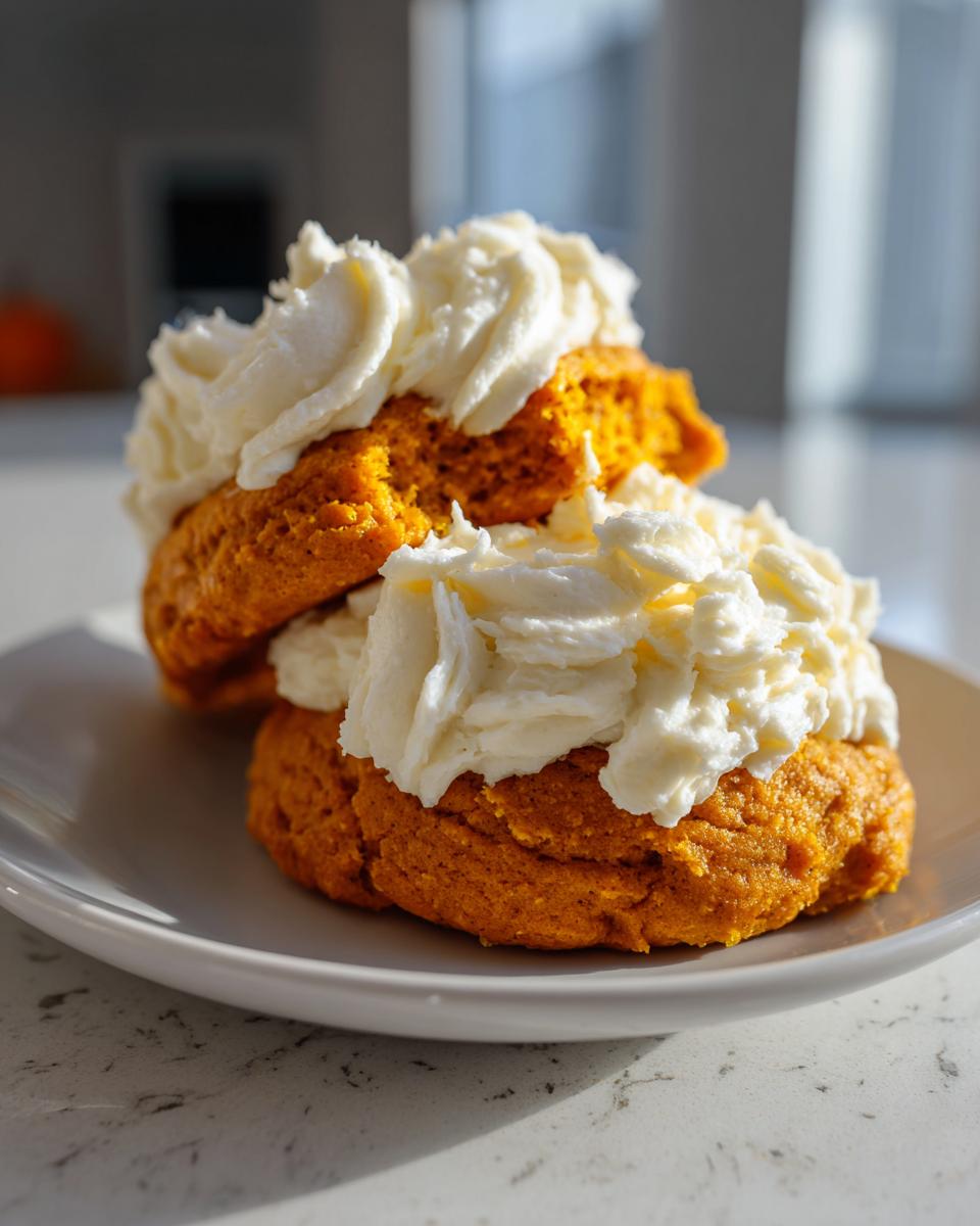 Two soft pumpkin cookie halves stacked and generously topped with white cream cheese frosting.