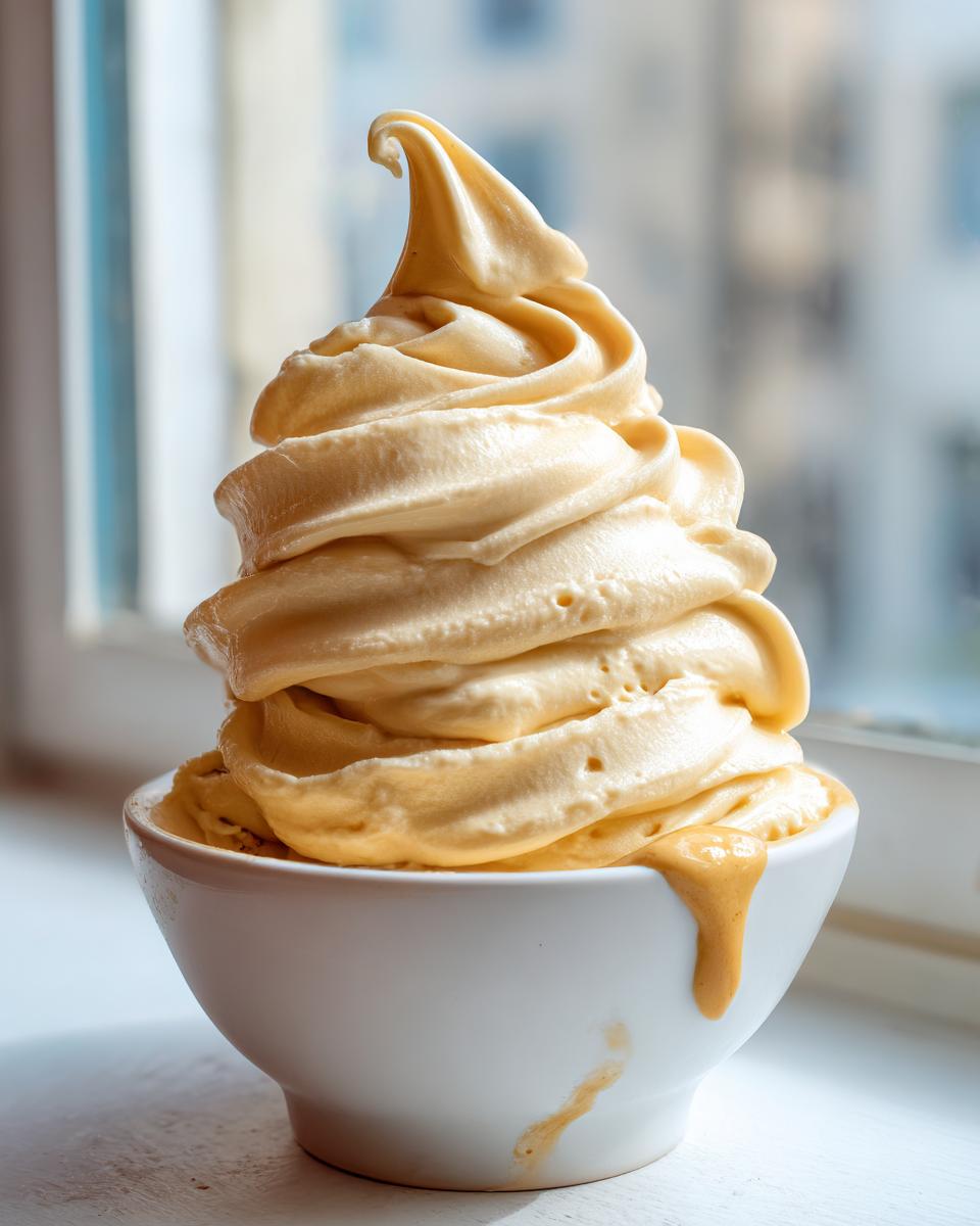 A tall swirl of creamy, soft-serve style banana ice cream served in a white bowl, starting to melt slightly.