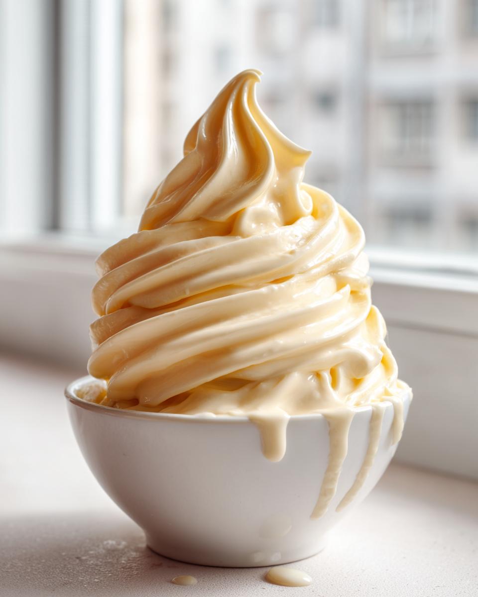 A perfect swirl of creamy, pale yellow banana ice cream served in a small white bowl, slightly melting.
