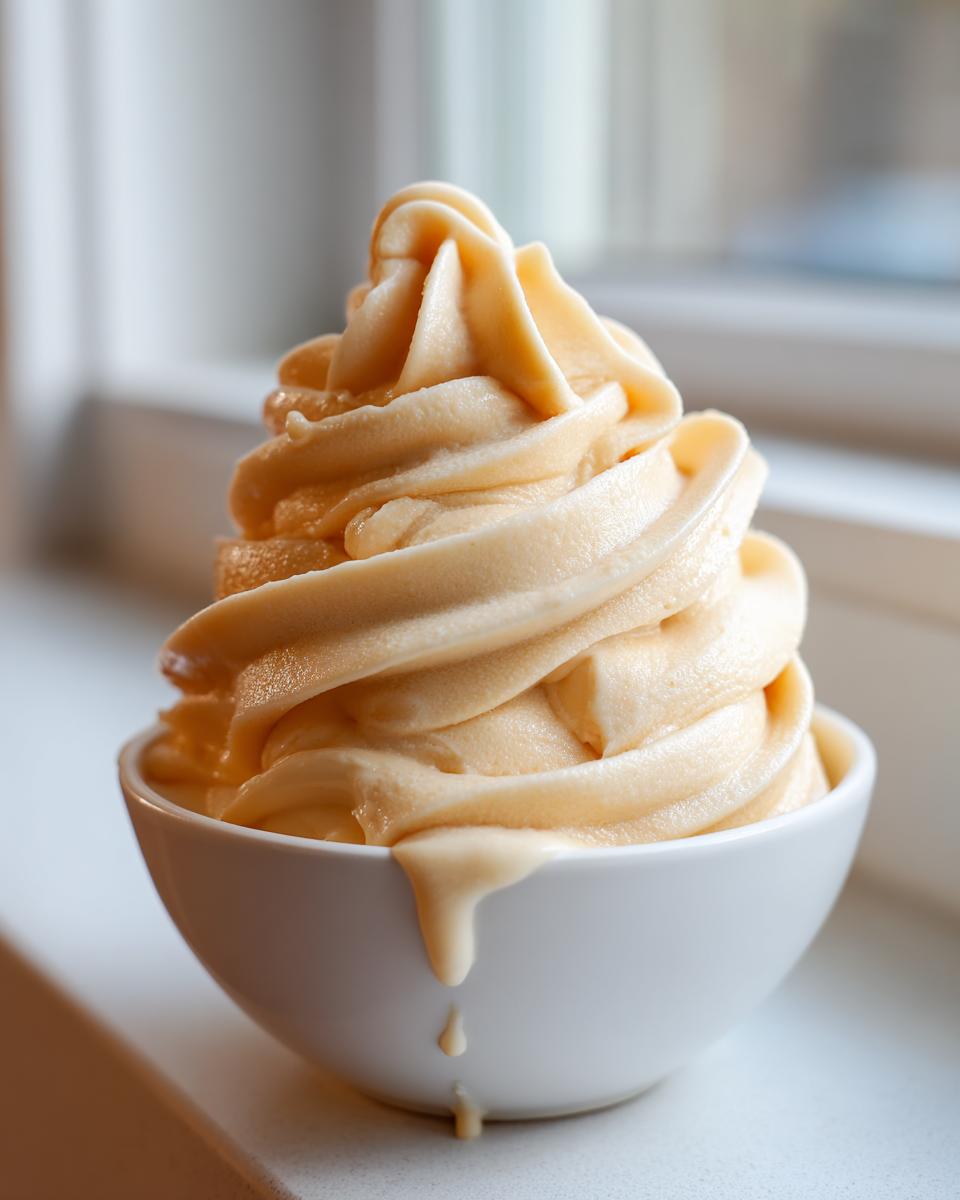 A perfect swirl of creamy, light orange banana ice cream served in a small white bowl, starting to melt.