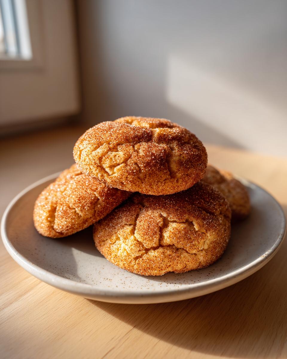 A stack of four soft, puffy snickerdoodle cookies heavily coated in cinnamon sugar, resting on a speckled plate.