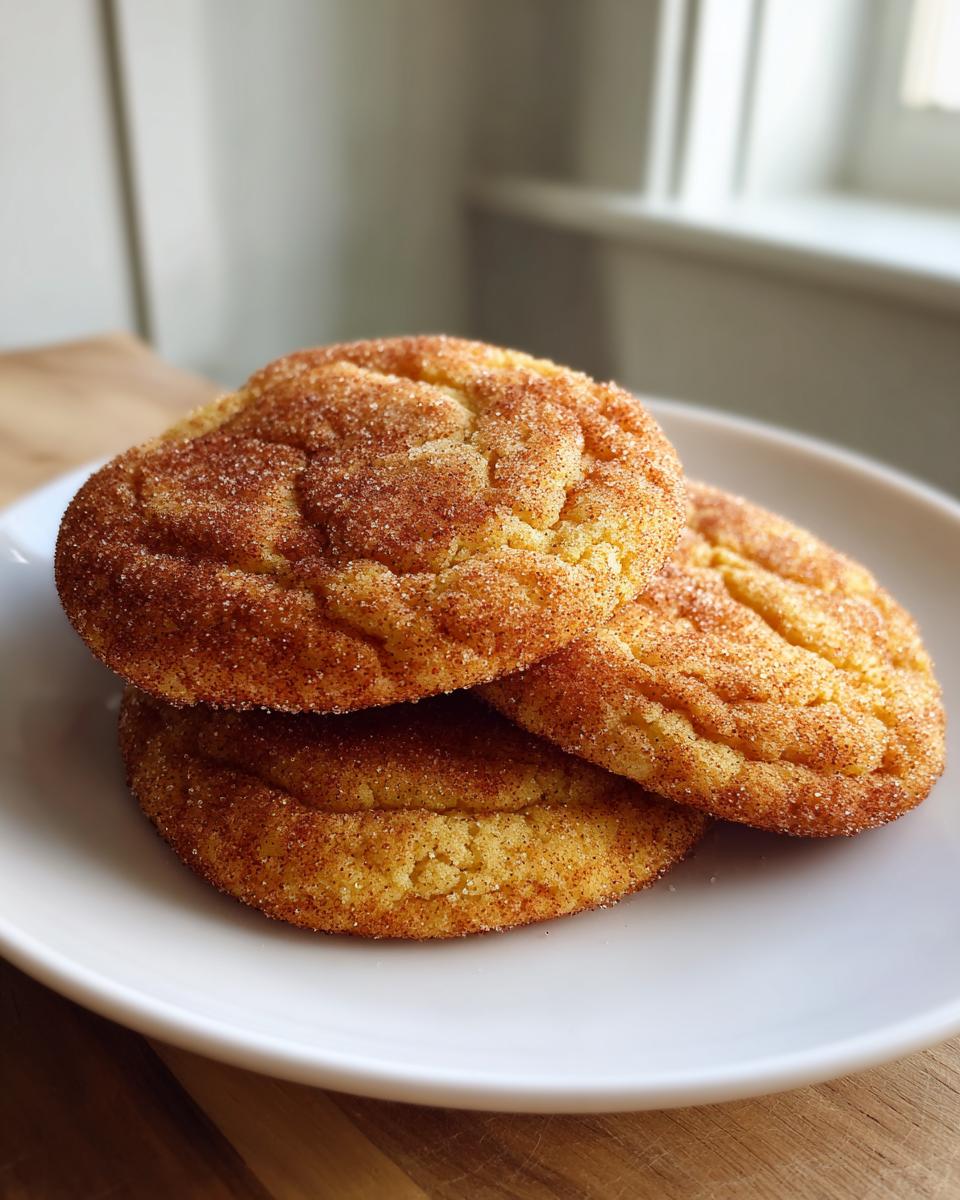Three soft, thick snickerdoodle cookies generously coated in cinnamon sugar stacked on a white plate.