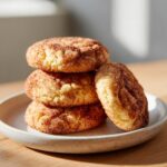 A stack of four soft, chewy snickerdoodle cookies generously coated in cinnamon sugar, resting on a small plate.