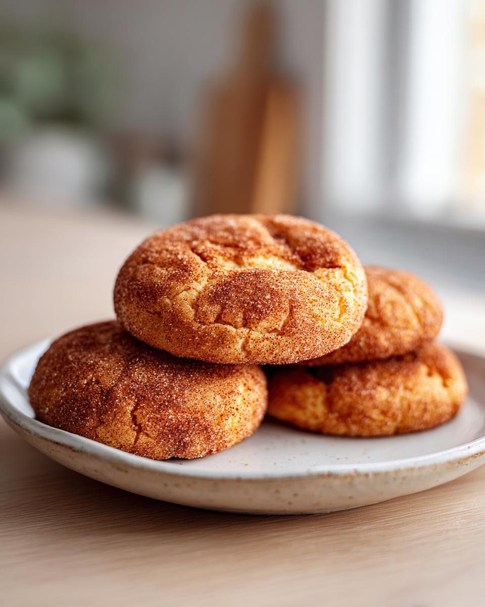 A close-up photo of four soft snickerdoodle cookies piled on a speckled ceramic plate.