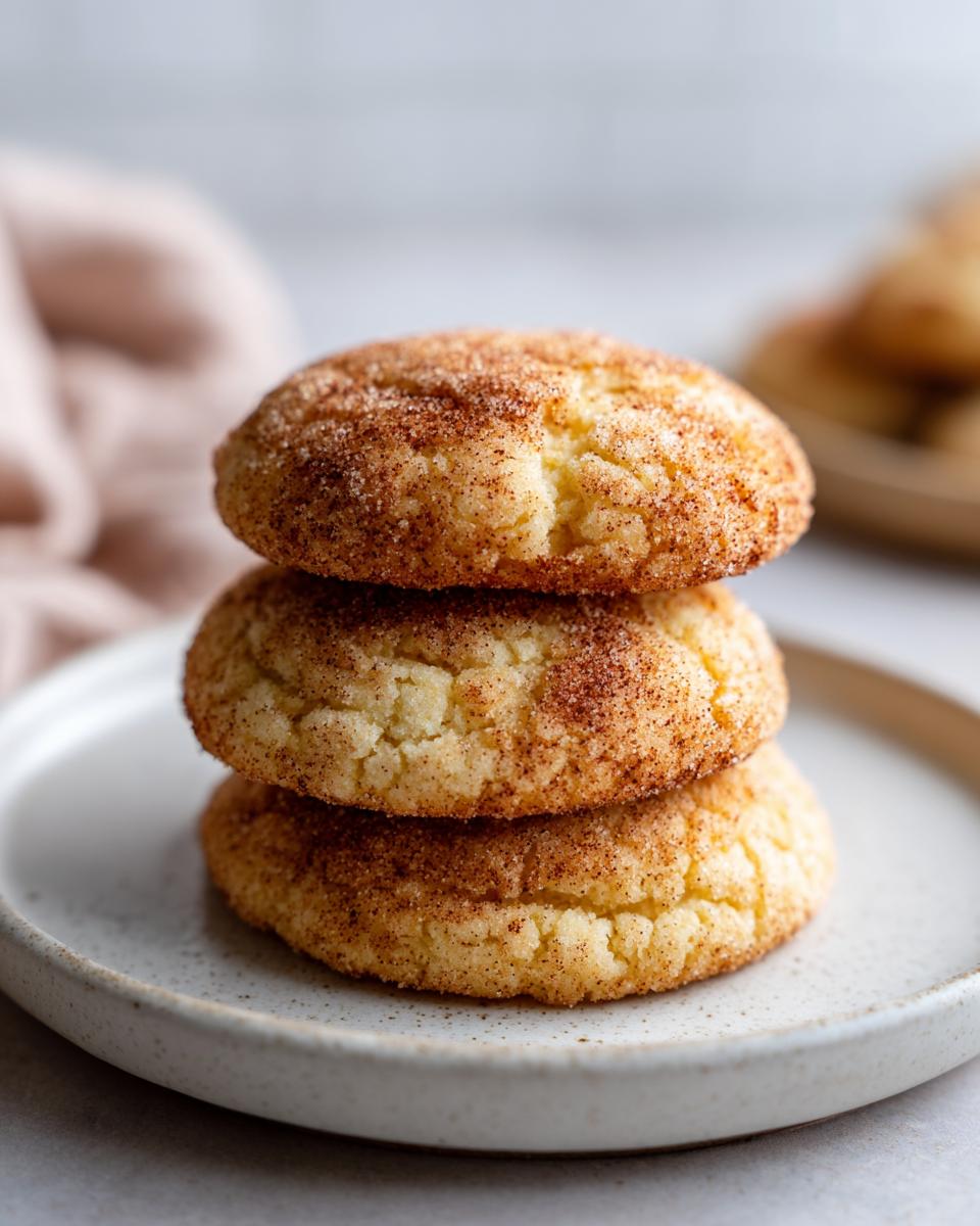 A stack of three soft snickerdoodle cookies generously coated in cinnamon sugar, resting on a light speckled plate.
