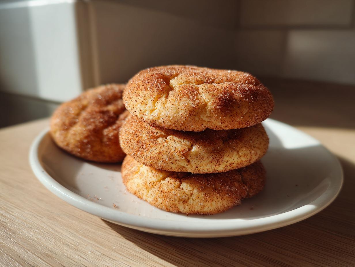 A stack of three soft snickerdoodle cookies generously coated in cinnamon sugar resting on a small white plate.