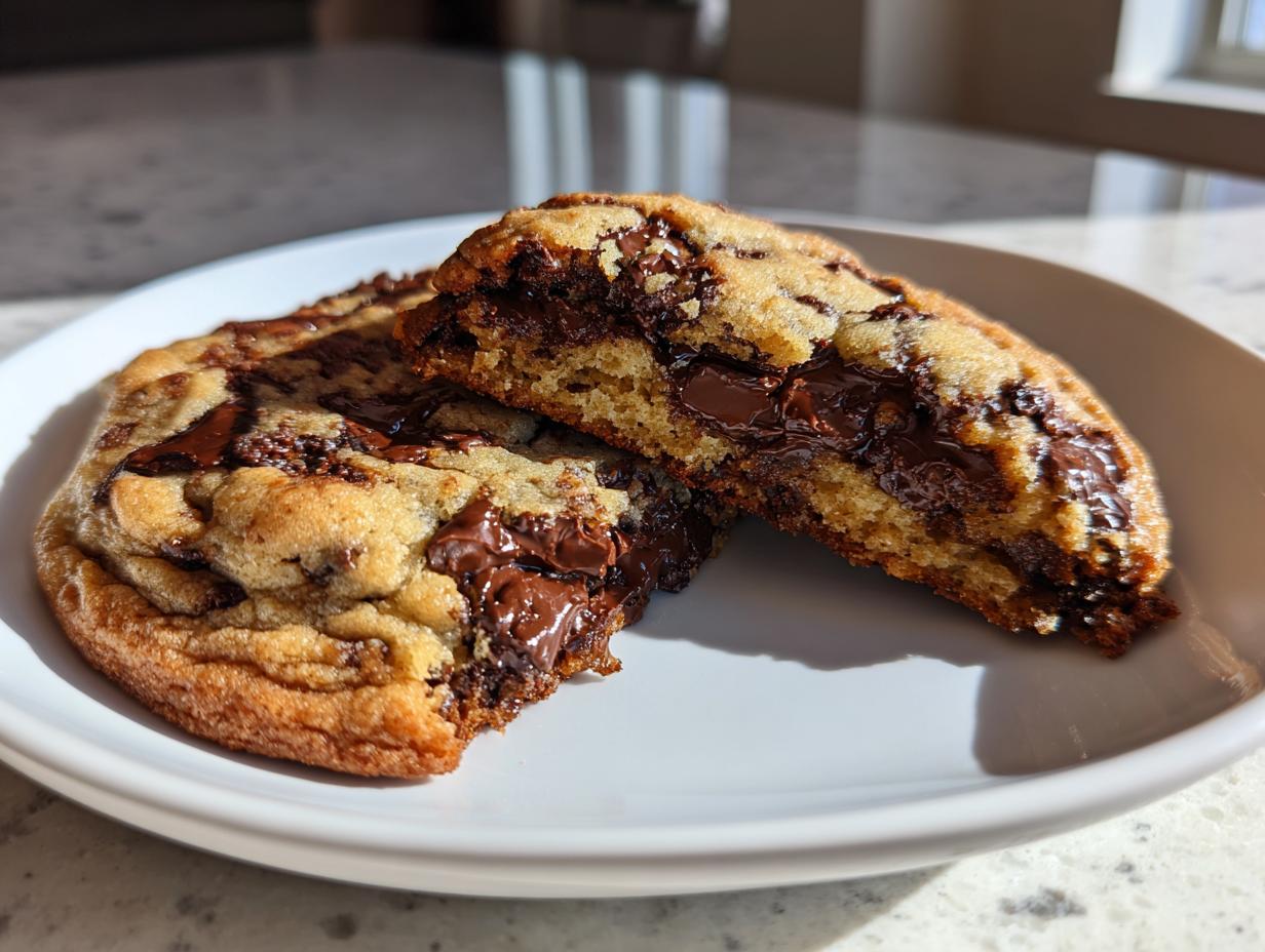A sourdough chocolate chip cookie cut in half showing a gooey, melted chocolate center on a white plate.
