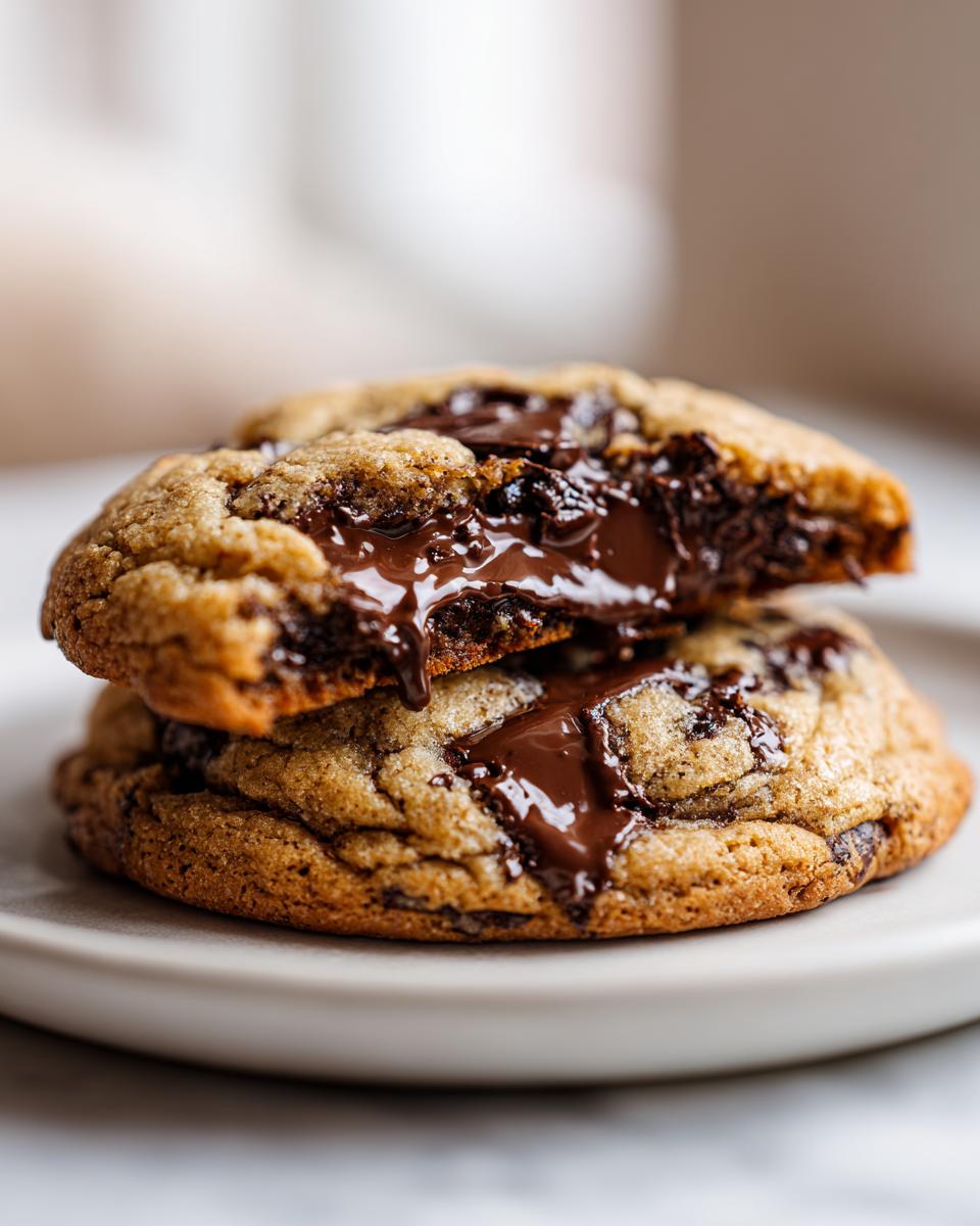 Two halves of a gooey sourdough chocolate chip cookie stacked, showing melted chocolate oozing out.