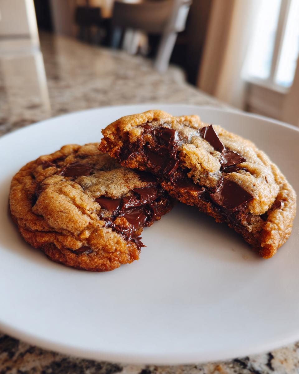 A sourdough chocolate chip cookie broken in half showing a gooey, melted chocolate center on a white plate.