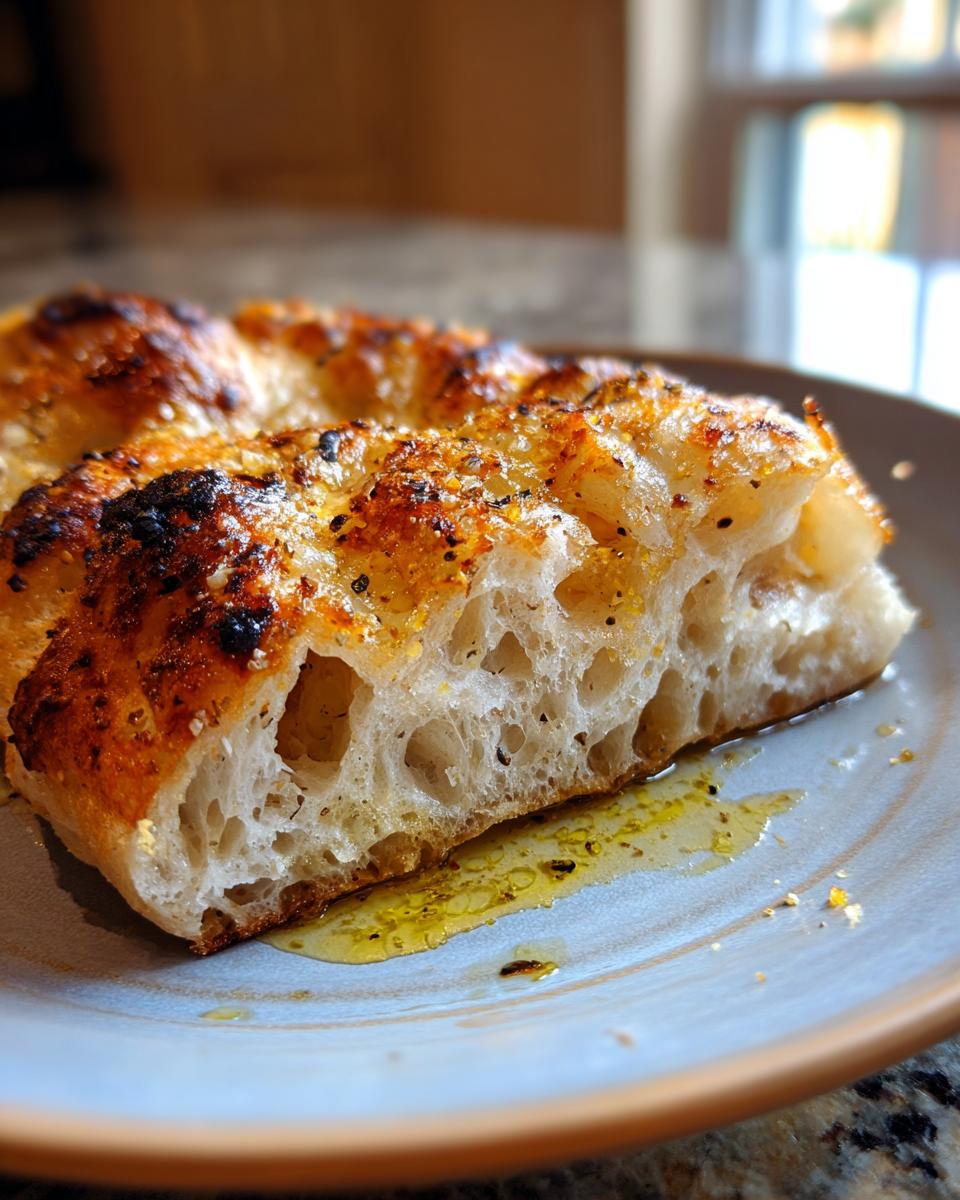 Close-up of the airy, open crumb structure of sourdough discard pizza dough baked like focaccia, drizzled with olive oil.