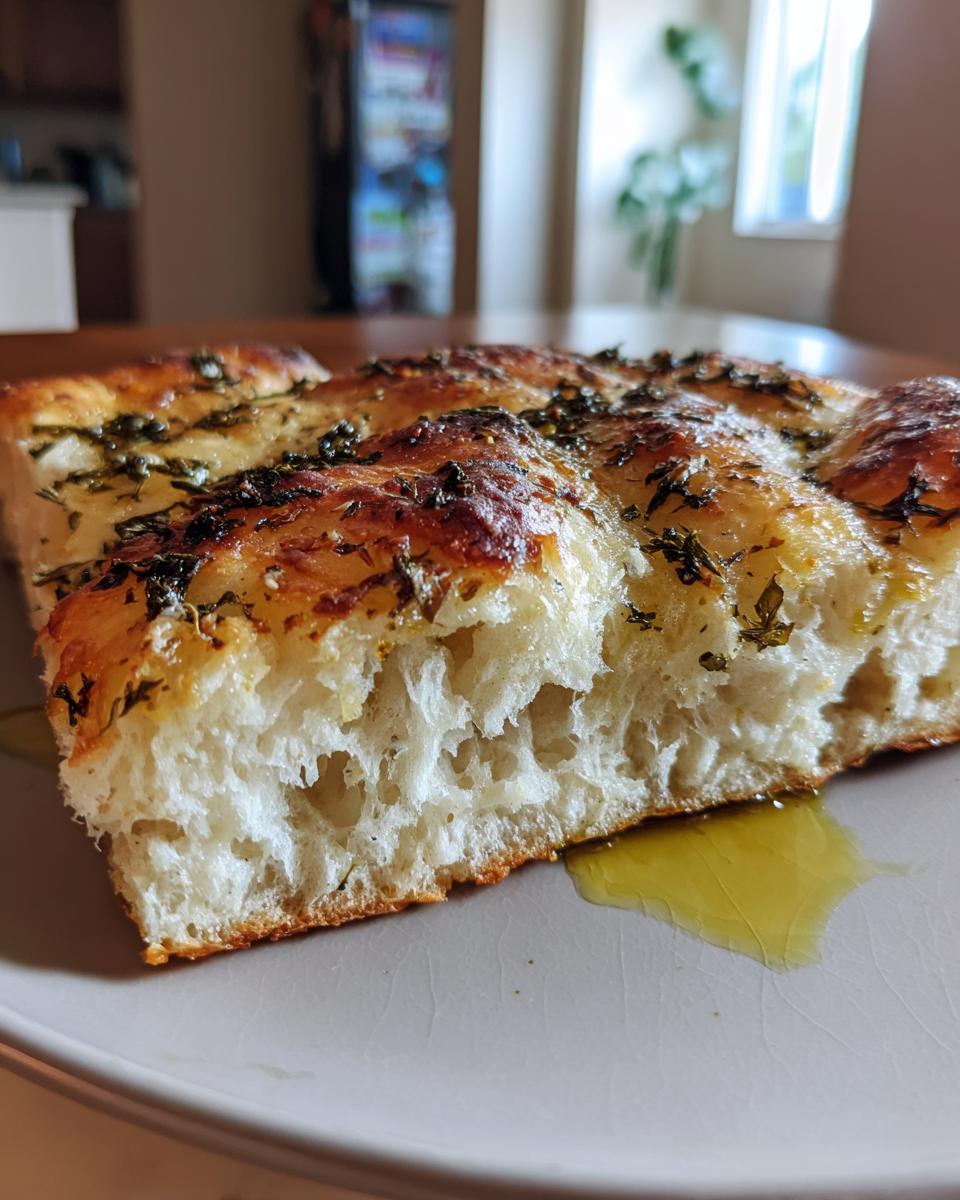 Close-up of a slice of fluffy bread with large air pockets, likely sourdough discard pizza dough, topped with herbs and resting in olive oil.