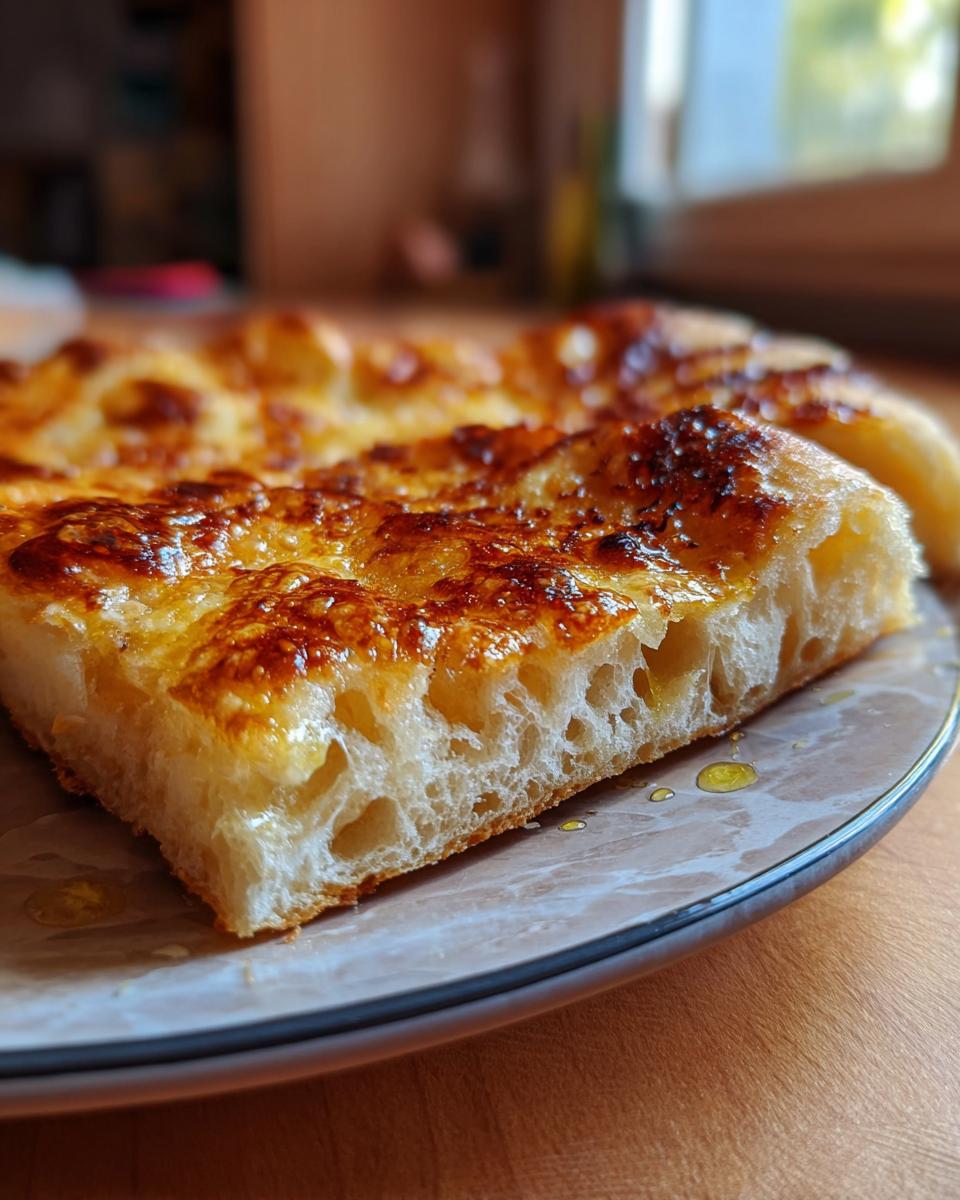 Close-up of a thick slice of baked sourdough discard pizza dough showing an airy, open crumb structure and golden-brown topping.