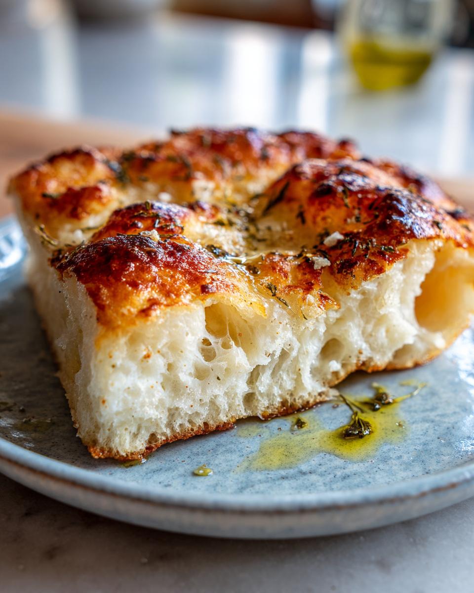 Close-up of a thick, airy slice of focaccia made from sourdough discard pizza dough, seasoned with herbs and olive oil.