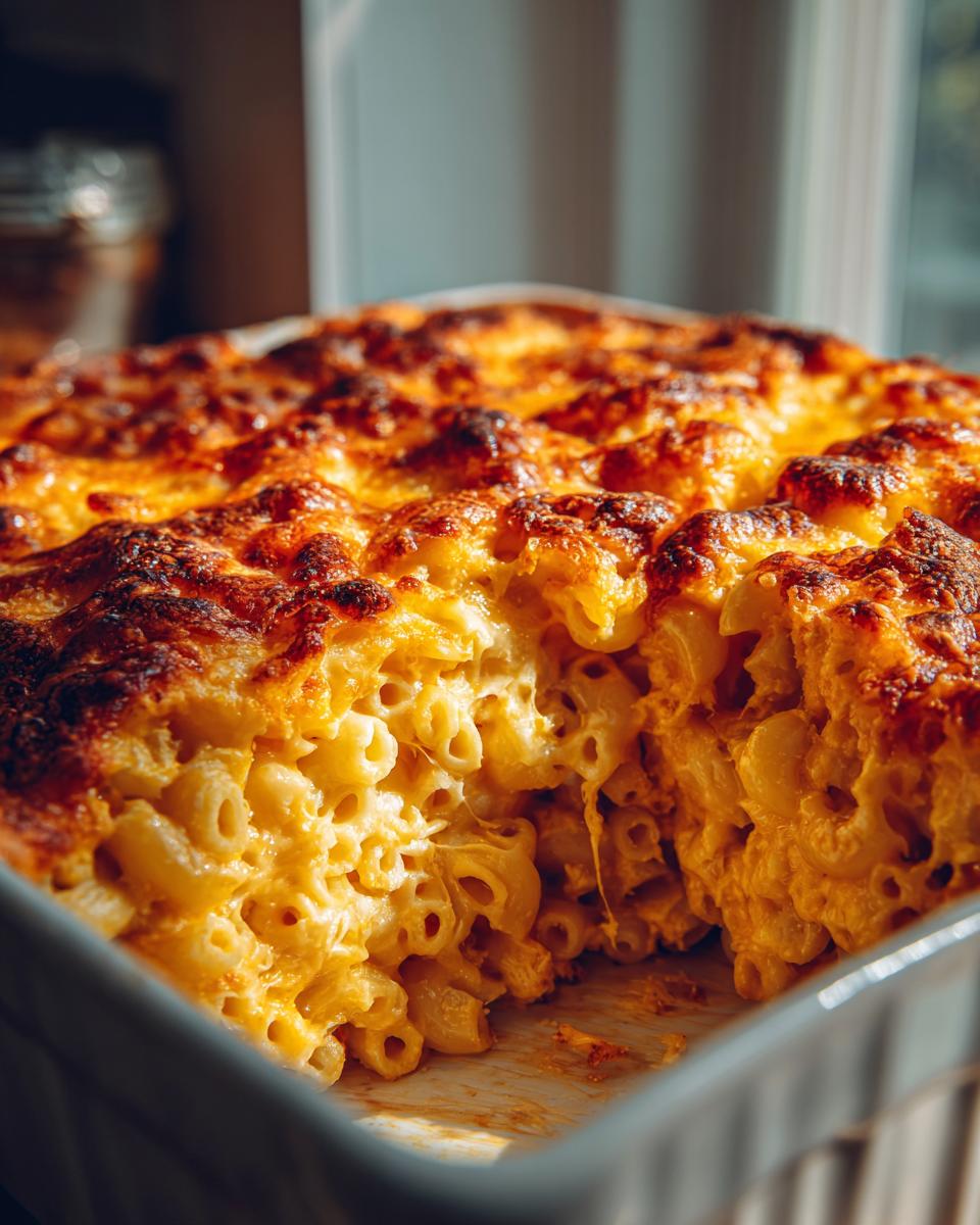 Close-up of creamy Southern baked macaroni and cheese with a deeply browned, crispy cheese crust.