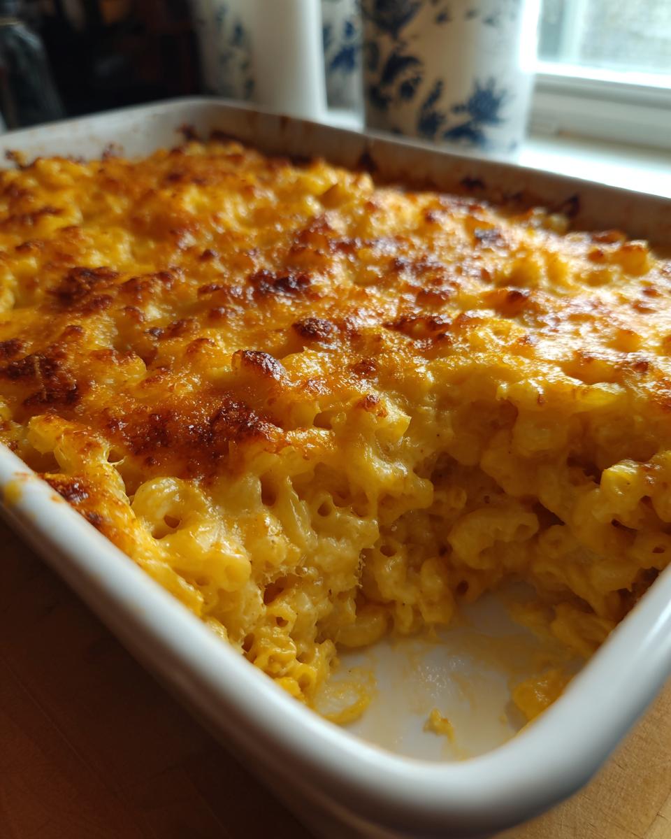 A close-up of creamy, baked Southern baked macaroni and cheese with a deeply browned, cheesy crust.